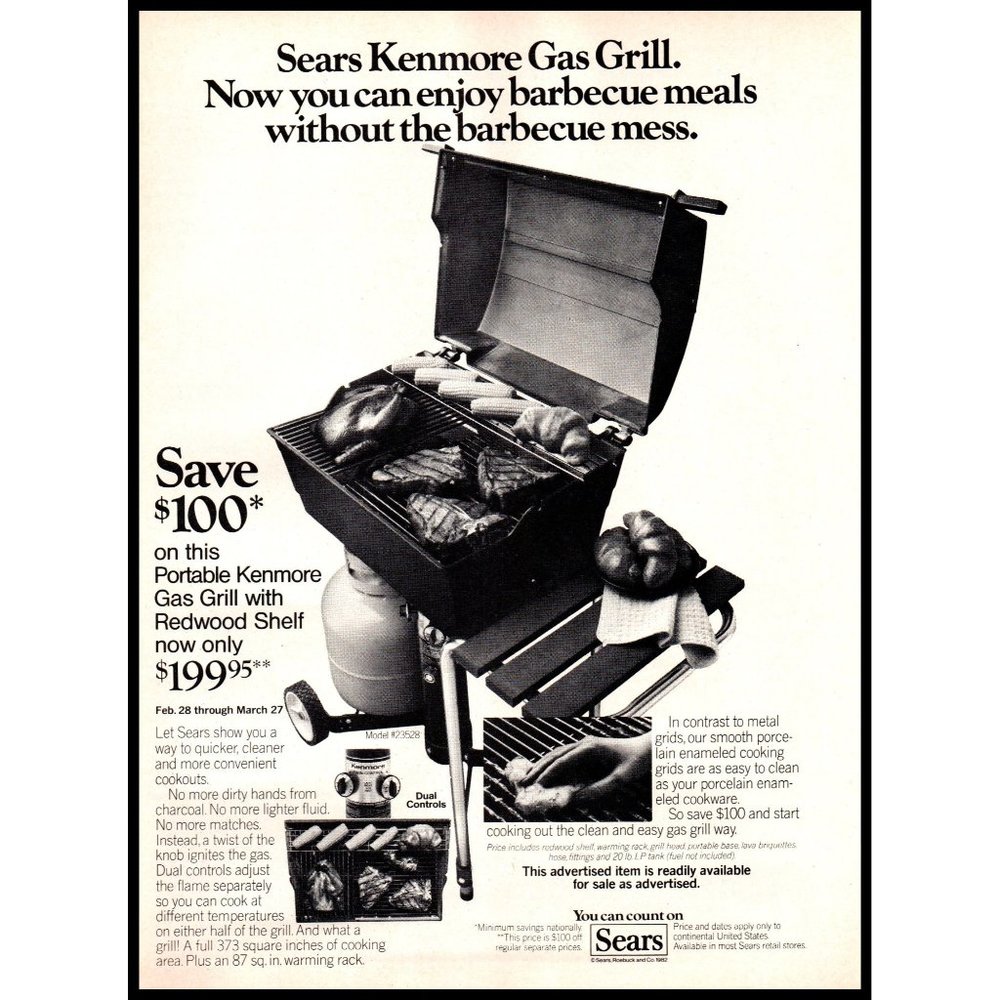 1982 Sears Kenmore Propane Grill Vintage Print Ad Cookout Picnic BBQ Wall Art